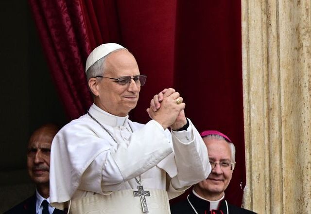 Pope Leo XIV gestures after delivering the Regina Caeli prayer from the main central loggia of St Peter's basilica in The Vatican, on May 11, 2025 (AFP photo)